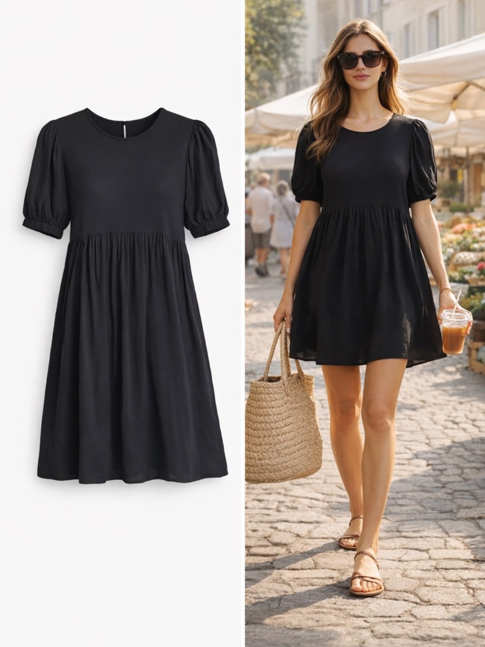 Rachel Pally Black Crepe Carrington Babydoll Dress Puff Sleeve Size XS Boho